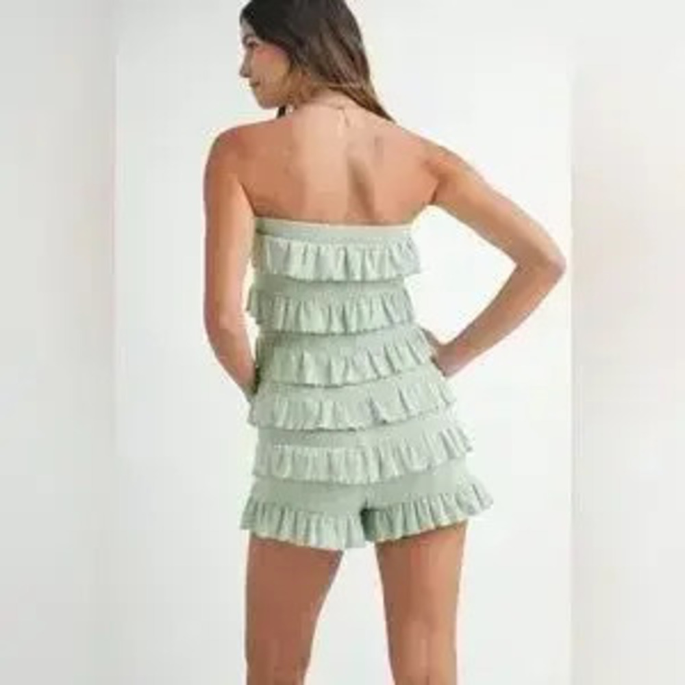 MABLE Pointelle Knit Fabric Ruffled Tube Romper - Picture 5 of 10